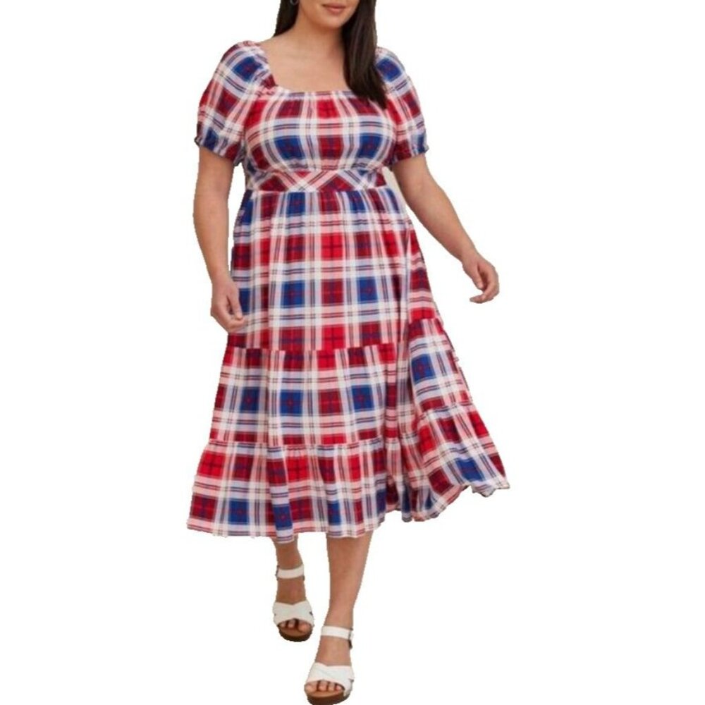 Torrid Puff Sleeve Tiered Challis Plaid Red White & Blue Prairie Maxi Dress 1X - Picture 1 of 16